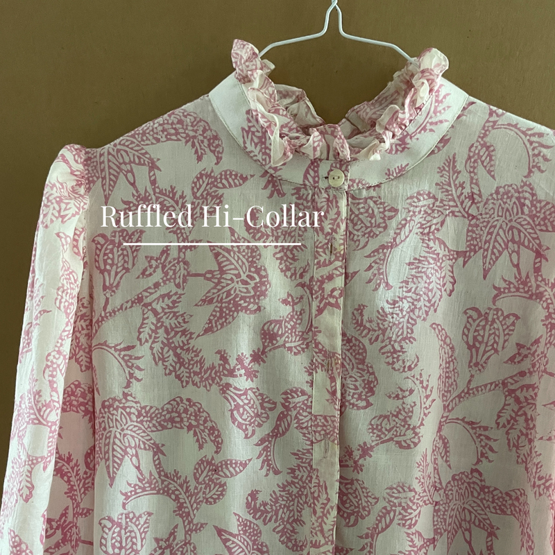The Jada Shirt with Ruffled Hi Collar in Pink Dappled Foliage
