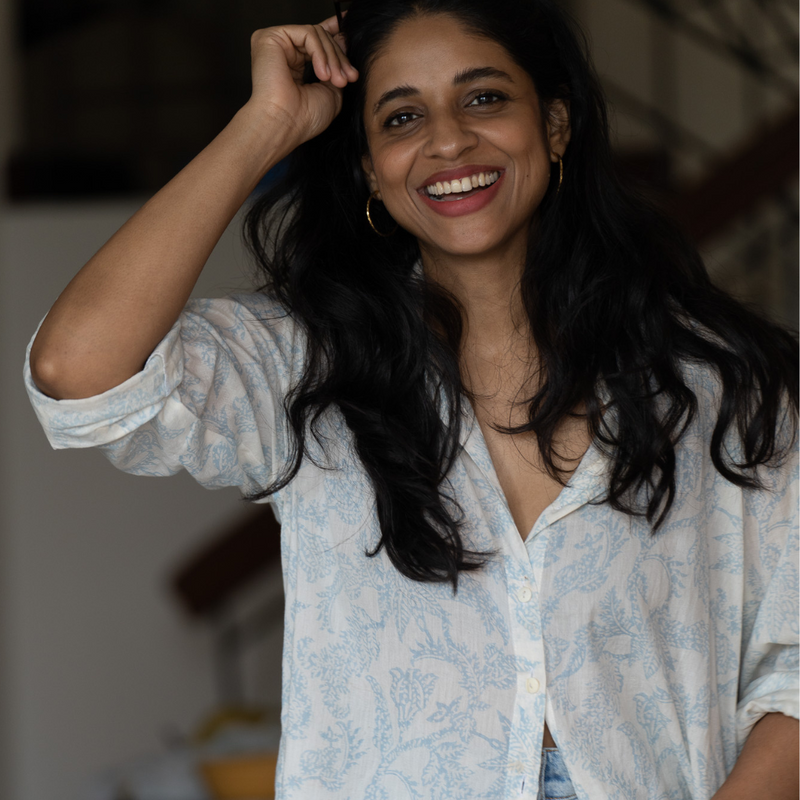 Boyfriend Shirt in Handwoven Mulmul Cotton in Blue Dappled Foliage