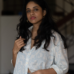 Boyfriend Shirt in Handwoven Mulmul Cotton in Blue Dappled Foliage