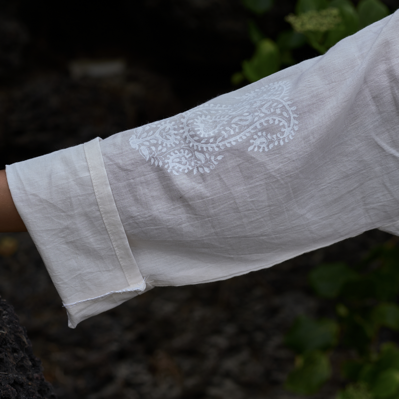 Tulsi Tunic  in Hand blockprinted Mulmul Cotton (White on White)