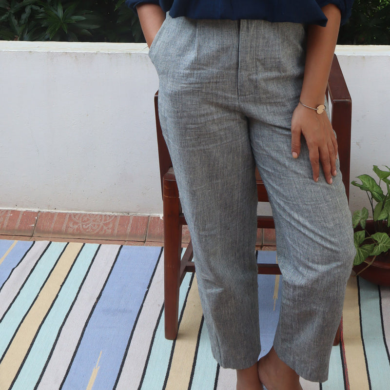 Blue Wool Chambray Pleated Trousers